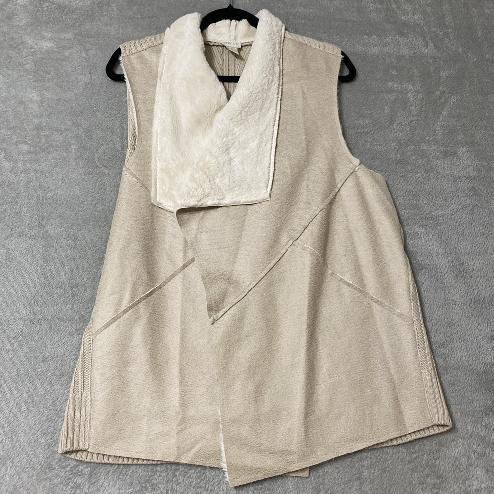 Chicos Faux Suede Open Front Vest Womens Size 3 Tan Ribbed Knit Back Wool Blend - Picture 2 of 7